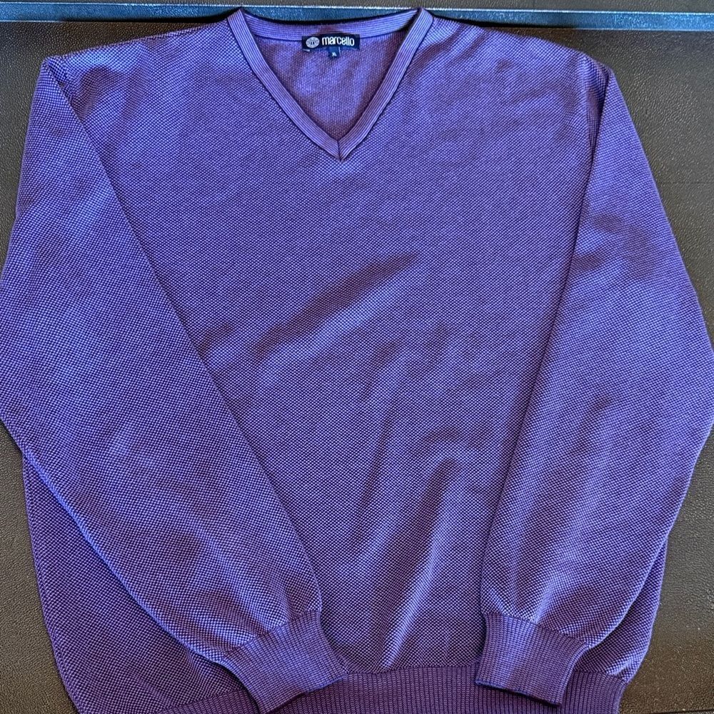 Marcello Men's V-Neck Popcorn Stitch Pullover Sweater in Rich Purple size XL